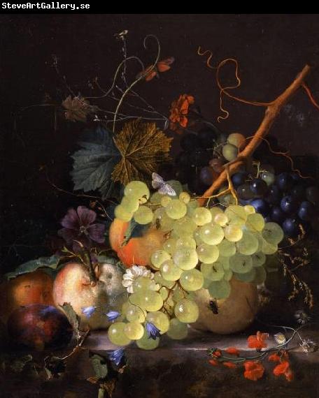 Jan van Huysum Still-life of grapes and a peach on a table-top